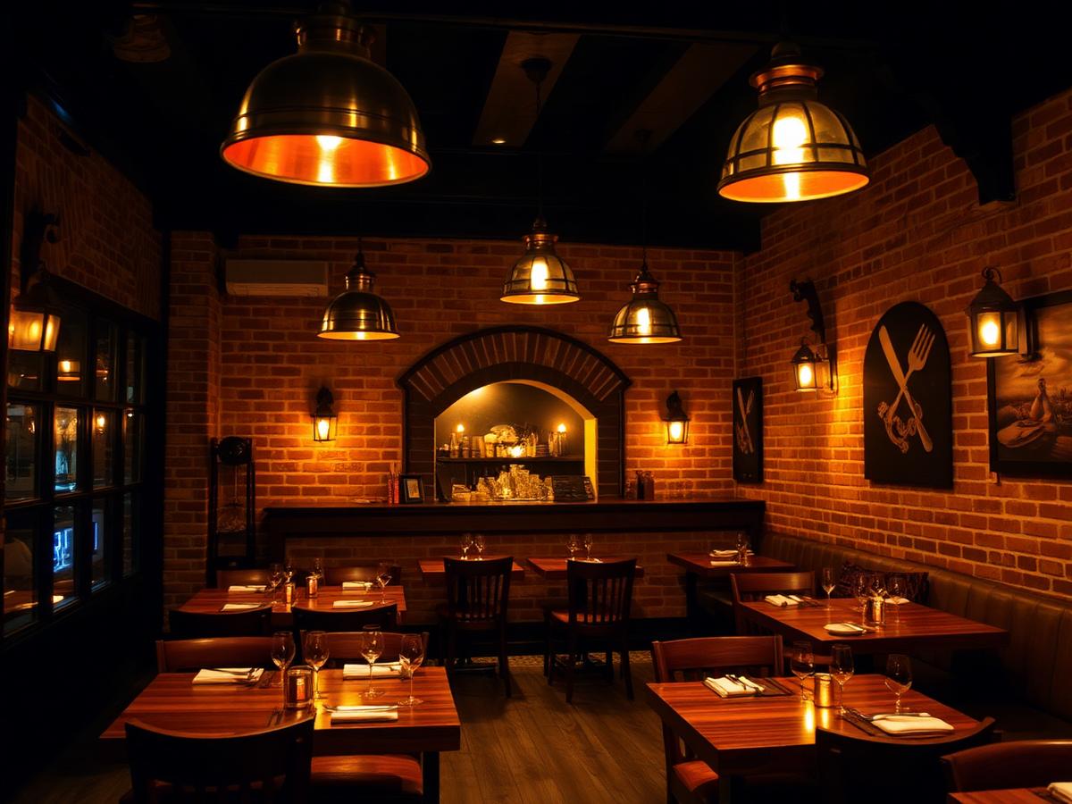Interiér restaurace Chef Grill s cihlovými stěnami