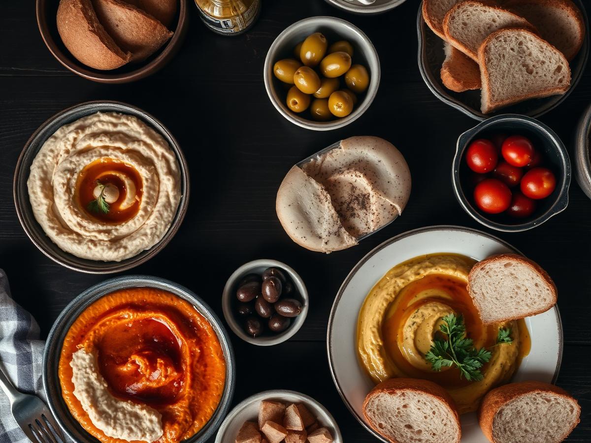 Turecké mezze — hummus, ezme a čerstvý chléb